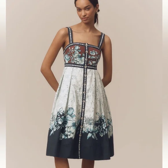 Maeve Blue and White Floral Midi Dress - Picture 1 of 8